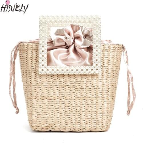 2021 Fashion Pearl Beach Straw Bags Hand-Woven Women Shoulder Bag female Seaside Vacation luxury designer handbag bolsa feminina