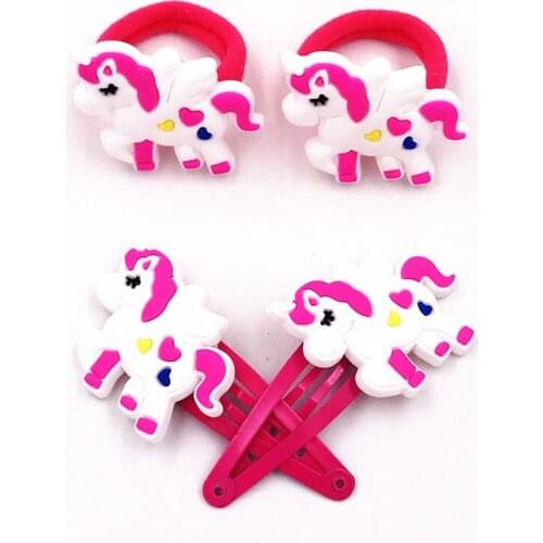 4Pcs Children Headwear Cute Cartoon Unicorn Horse Elastic Hairbands Hair Clips Hairpins Girls Kids Hair Accessories Rubber bands
