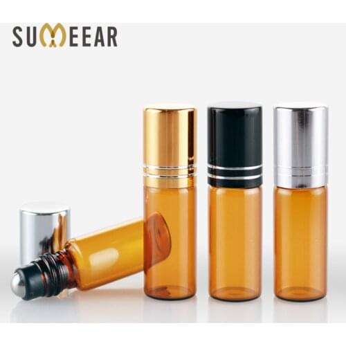50Pieces/Lot 5ml Amber Glass perfume bottle With Roll On Essential Oil Bottles Refillable Perfume Travel Cosmetic Container