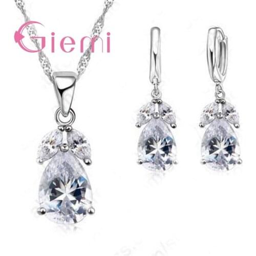 Free Shipping Wholesale Drop Shape Stone Crystal Necklace Earring Anniversary Jewelry Set 925 Sterling Silver