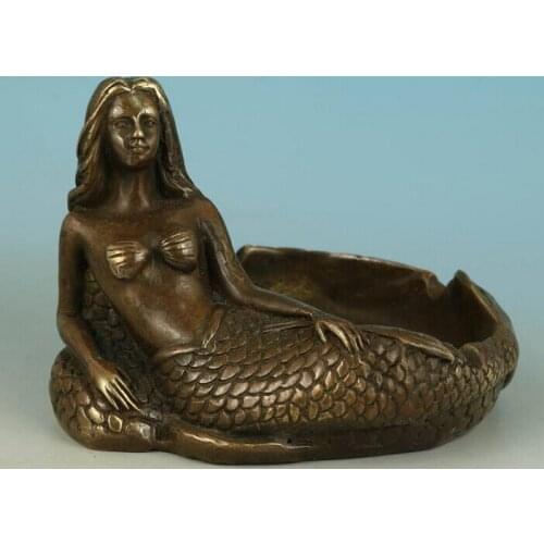 Bi002975 NOBLE CHINESE OLD BRONZE COLLECTABLE HANDWORK CARVED SEA MERMAID STATUE POT