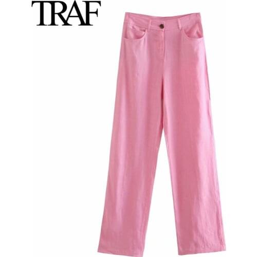 TRAF Women Clothing Pink High Waist Wide Leg Pants Female Suit Pants French Chic Office Lady Pants Mujer