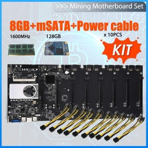 BTC-T37 Riserless Mining Motherboard 8 GPU Bitcoin Crypto Etherum Mining Set with 8GB DDR3 RAM 1037U 128GB mSATA SSD Power Cable