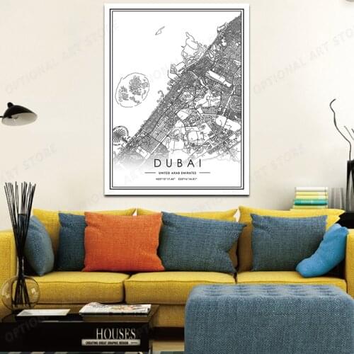 DUBAI City Map Print Black White Poster Canvas Painting Traveler Gift Bedroom Wall Art Decor