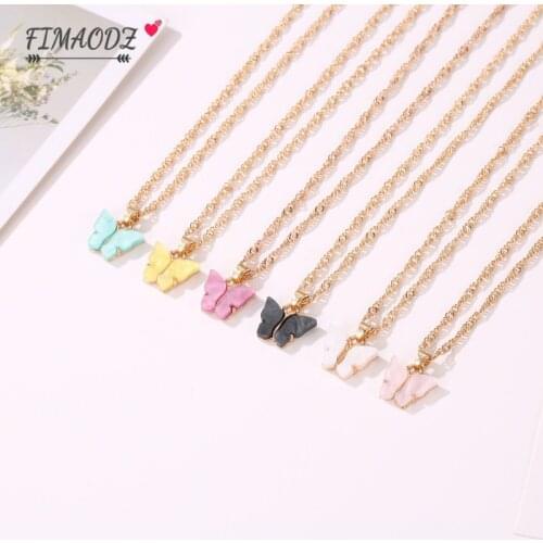 FIMAODZ Candy Color Korean Butterfly Necklace For Women Cute Insect Multicolor Butterfly Pendant Charm Gold Chain Necklaces Gift