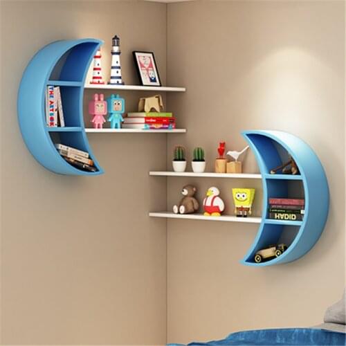 [HHT] Creative Moon Wall-mounted Rack Wooden Board Storage Shelf Living Room Childrens Room Decorations Shelves Bookshelf