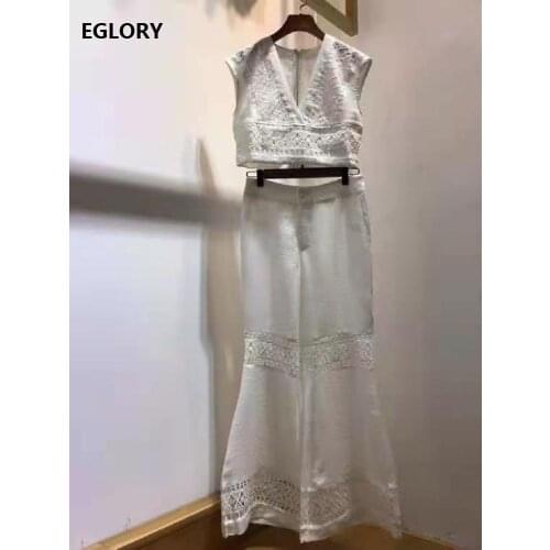 Crop Sets 2021 Spring Summer Casual Pant Set High Quality Women V-Neck Sexy Crop Tops+Hollow Out Embroidery Flare Leg Pant Suit