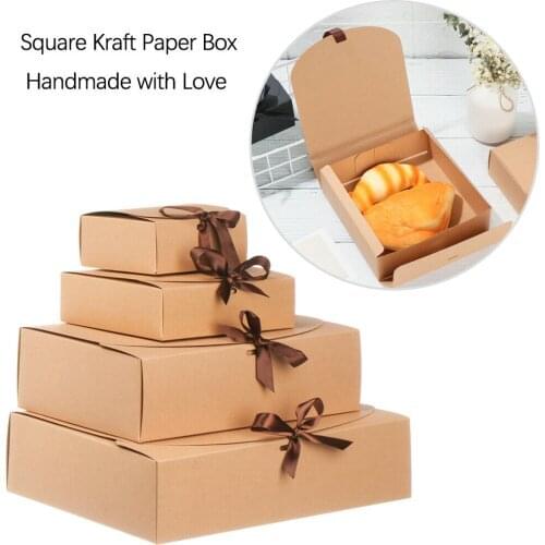 New 5 Pcs Square Kraft Paper Box Cardboard Package Valentines Day Party Gift Candy Storage Boxes With Ribbons