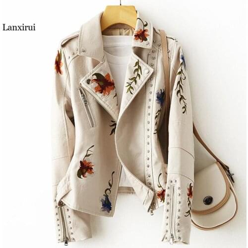 New Women Retro Floral Print Embroidery Faux Soft Leather Jacket Coat Turndown Collar Pu Moto Biker Black Punk Outerwear