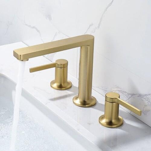 Brushed Gold Bathroom Sink Faucet Brass 3 Holes Double Handle Hot and Cold Water Mixer Basin Faucets Toilet Basin Faucet