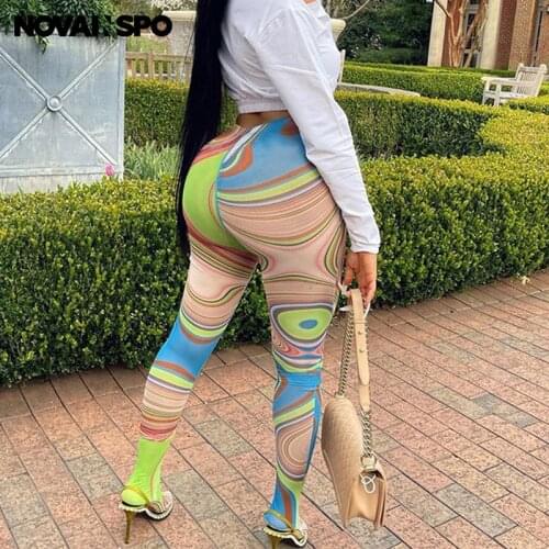 NOVAINSPO Ripple Print Mesh See Through Baddie Leggings For Women Fitness Sporty Casual Thin Summer 2021 Clothes Fashion Leggins