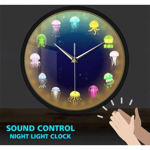 Ocean Jellyfish Metal Frame Luminous Wall Clock Sound Activated Aquarium Decor Sea Jellies Clocks Watch Marine Animals Wall Art