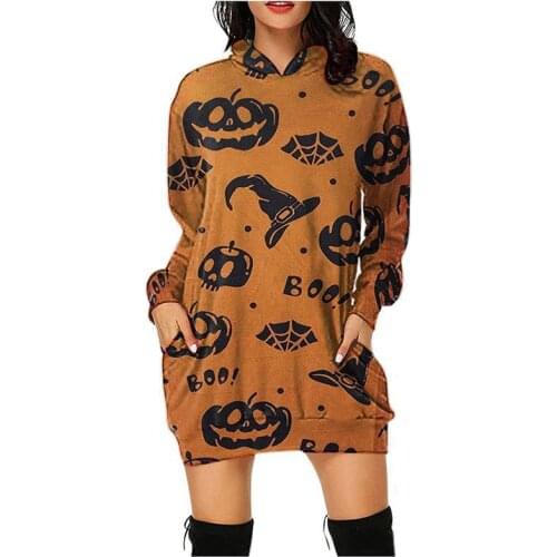 Halloween Print Dress Women Hooded Pocket Long Sleeve Mini Sweatshirt Dress Autumn Casual Vestidos Elegant Party Dresses Robe