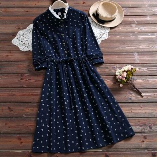 Autumn Spring Women A-Line Dress Ruffled Collar Navy Blue Printed Lace Up Vestidos Mujer Sweet Ladies Dress HB290