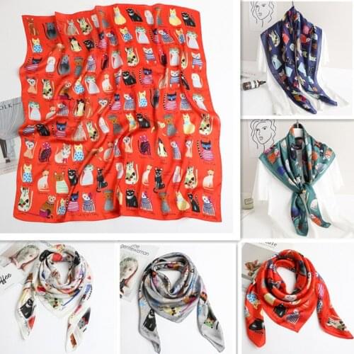 90*90cm Cartoon Cat Scarf for Women Imitation Silk Scarf Travel Sunscreen Shawl Cute Animal Scarfs Headscarf