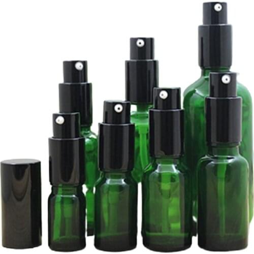 Empty Green Glass Refillable Bottle Black Lotion Pump Cosmetic Packaging 5ml 10ml 15ml 20ml 30ml 50ml 100ml Essential Oil Vials