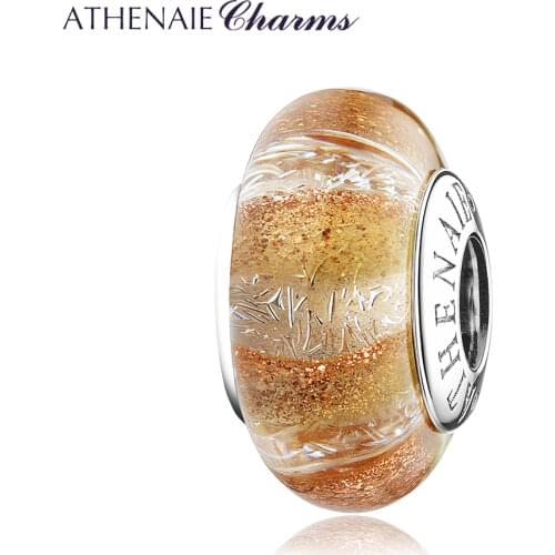 ATHENAIE 100% Sterling Silver Golden Stripes Shimmer Murano Glass Beads Charms fit Charm Bracelet Jewelry Christmas DEAL Weeding