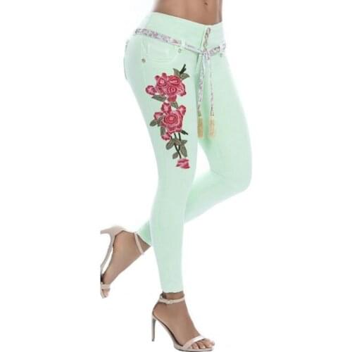 Skinny Jeans Woman Jeans High Waist Skin-friendly Denim Women Floral Embroidery Pencil Pants for Office High Waisted Jeans