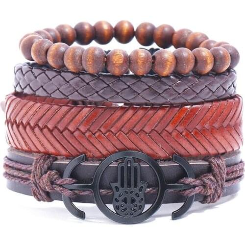 Vintage Fashion Hamsa Hand Beads Charm Braided Leather Bracelet Set Men Women Handmade Wristbands Wrap Bangle Retro Male Jewelry