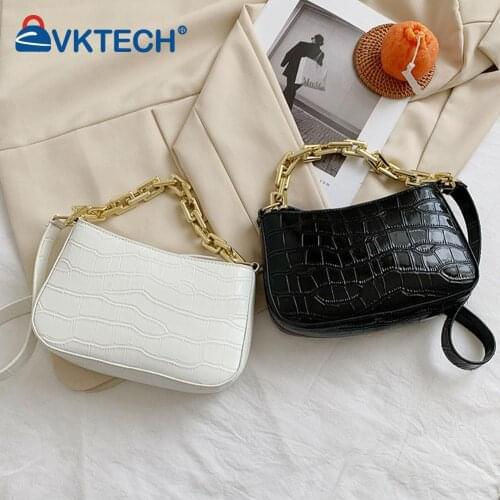 Retro Women Baguette Bag Alligator Pattern Small Purse and Handbag PU Leather Shoulder Underarm Bag Thick Chain Pure Color Pouch