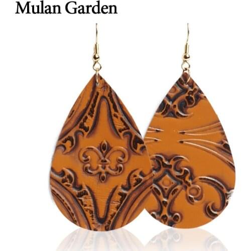 Mulan Garden Classic Printing Leather Earrings for Women PU Leather Teardrop Dangle Earrings Fashion Jewelry Women Accessories