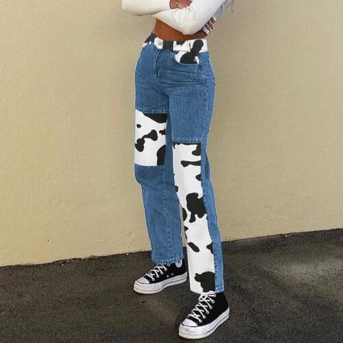 High Waisted Milk Cow Print Straight Jeans for Girls Female Patched Women Vintage Denim Pants 2021 Trouser Capris Streetwear