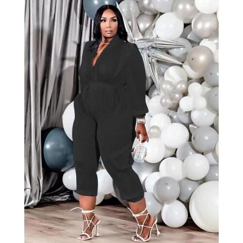 White Black Sky Blue Pleated Zipper Long Rompers 2021 Autumn Woman V Neck Full Sleeve Casual Loose Ruched Jumpsuit with Pockets