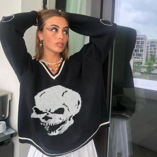 Punk Skulls Knitted Long Sleeve Pink Woman Sweaters Female 2020 Streetwear Autumn V Neck Pullover Y2k Top Jumper Winter Clothes