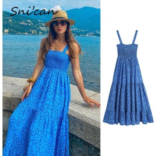 Blue Floral Midi Dress Za 2021 Women Summer Strap Ruched Ruffle Long Dresses Vintage Robe Femme Vestido Largo Verano Mujer New