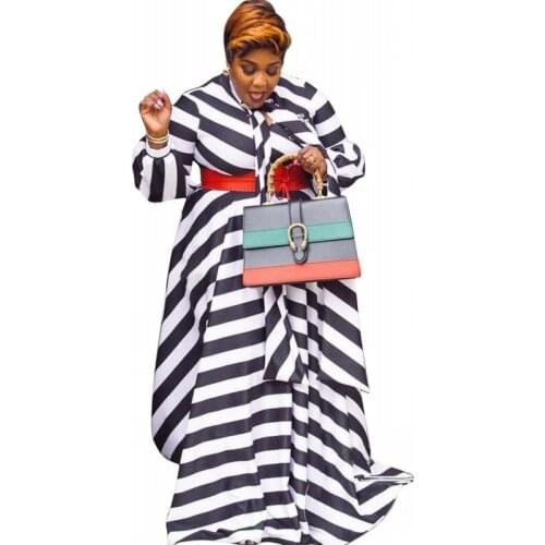 5XL Plus Size Women Long Dress Lace Up Stand Collar Full Sleeve Robe Autumn New Striped Casual Elegant African Office Lady Dress