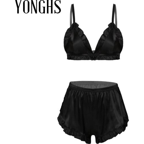 Womens Lingerie Satin Pajama Bra Set Sexy Sleepwear Ruched V-neck Wireless Unlined Erotic Hot Bra with Elastic Waistband Shorts