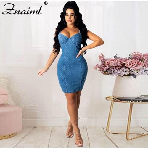 Znaiml Sexy Spaghetti Strips Denim Short Dress Ladies Zipper Dot Print Bodycon Mini Dresses Women Evening Party Dress Vestido