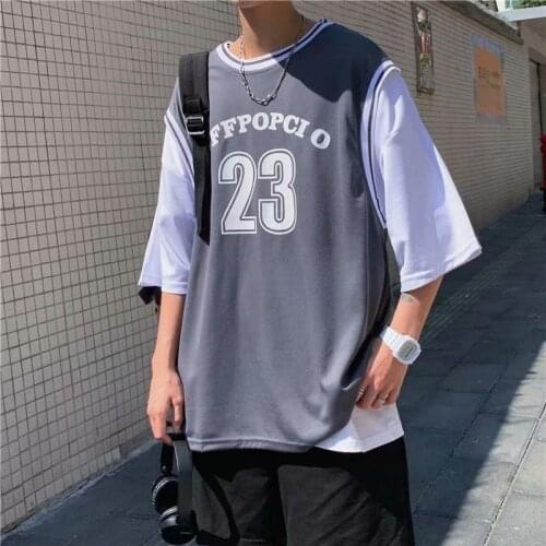 Short Sleeve Basketball T-shirt Casual Printed Letters Fake Two Pieces Tops Sports Loose All-match Shirt Male Clothes Plus Size