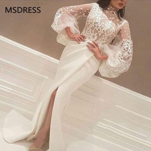 White Muslim Evening Prom Gown 2019 Mermaid High Collar Long Sleeves Lace Slit Dubai Saudi Arabic Sexy Evening Dresses Long