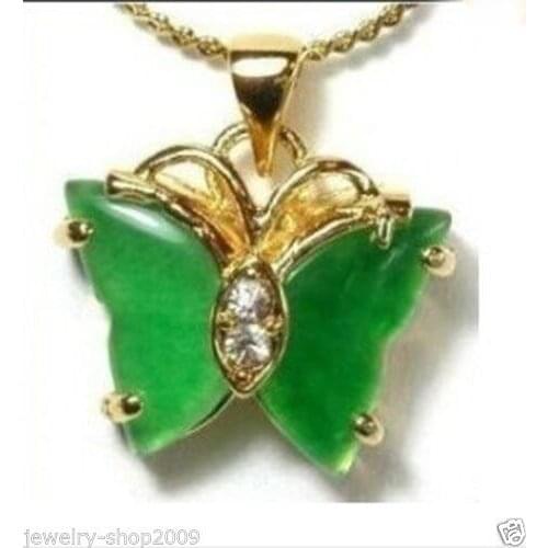 Free shipping >> Jewelry Green Natural stone inlay crystal Butterfly Pendant & Necklace + chain
