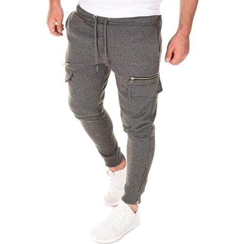 Cofekate Streetwear Men Zip Up Pockets Long Pants Men Casual Solid Color Trousers Slim Fit Sweatpants Skinny Joggers Men