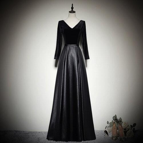 Black Velvet Satin Evening Dresses V-Neck Sexy Long Sleeves A-line Simple Wedding Ceremony Formal Party Occasion Prom Gowns New