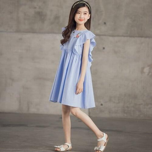 2021 Summer Girl Dress Children Clothing Brief Teen Fly Sleeve Striped Girls Dress Kids Cotton Costume 4 6 8 10 12 14 Years