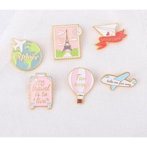 Adventure Lover Hot Air Balloon Enamel Pins Suitcase Origami Airplane Traveling Quote Postcard Brooches Metal Badges Gifts