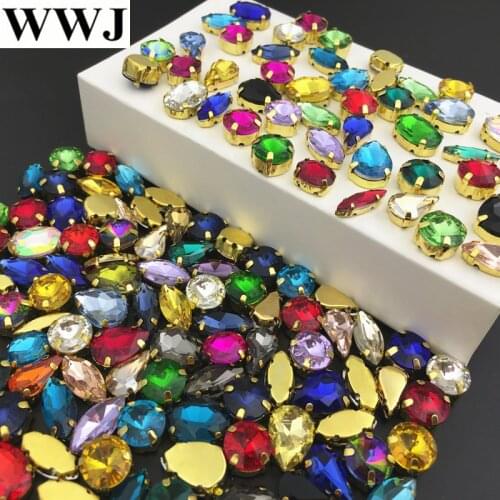Randomly Mix colors sizes shapes Sew On Stones Sewing Glass Crystal Beads with gold-claw setting For jewelry,dress decoration