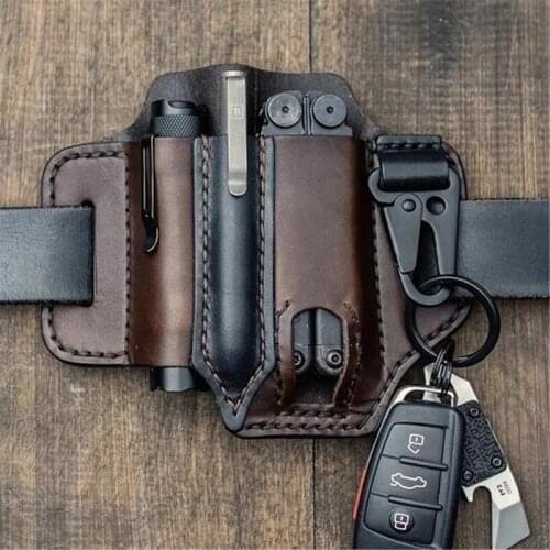 Leather Sheath Multitool Sheath for Belt EDC Pocket Organizer With Key Holder Flashlight Pouch Camping Outdoor Tool