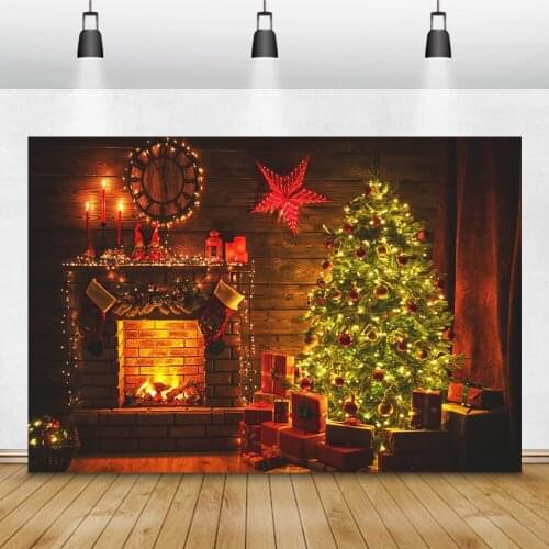 Laeacco Vintage House Clock Fireplace Star Gift Christmas Tree Photography Backdrops Christmas Backgrounds For Photo Studio Prop