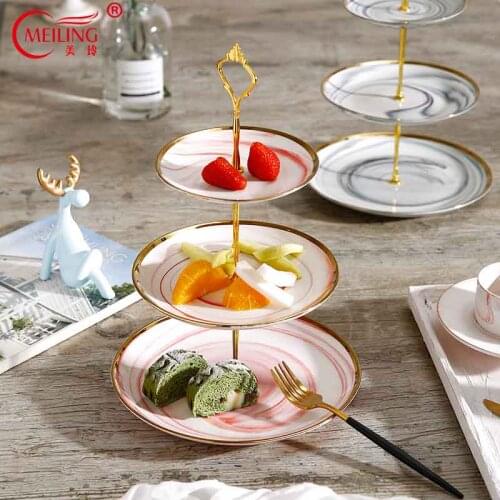 Pink Grey Ceramic Marble Plates With Gold Rim For Cake Fruit Dessert 2 & 3 Tier Dishes For Home Kitchen Party Holiday Decoration