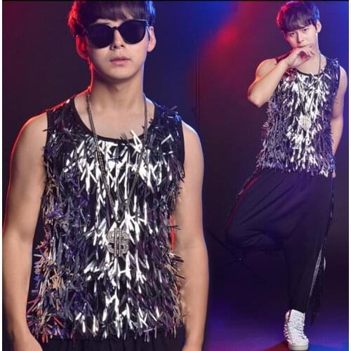 Personality slim male sleeveless vest men silver Sequins vests punk costumes hombre chalecos singer dance stage star fashion
