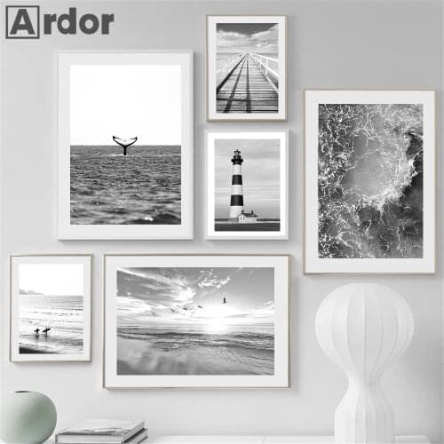 Black White Sea Beach Whale Lighthouse Wall Art Poster And Print Landscape Canvas Nordic Art Painting Modern Pictures Home Decor