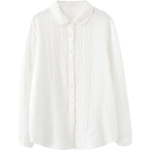 FairyNatural Women Unique Lace Stitch Pleated Tops Polka Dots Ladies Cotton Yarn Kawaii Shirt Blouse 2021 Spring Autumn