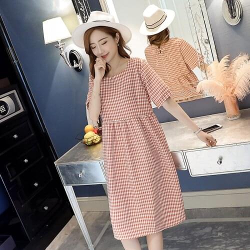 New Vintage Small Plaid Cotton Linen Maternity Dress Sweet Summer Loose Clothes for Pregnant Women Elegant Pregnancy Clothing
