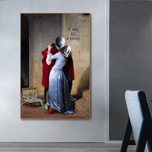 Kissing Lover Artist Design Retro Figure Canvas Painting Posters and Prints King Flower Palace Wall Pictures Living Room Decor