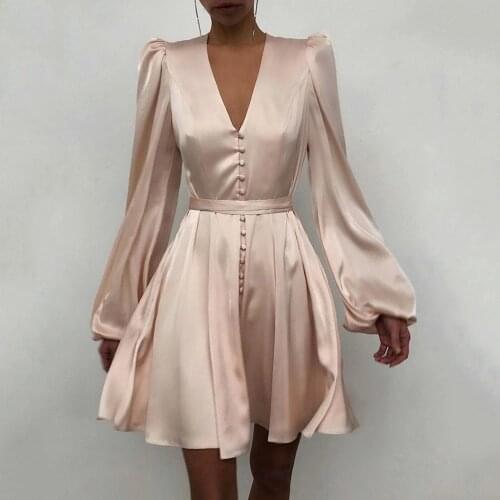 Pink long-sleeved Evening Dresses A-line Prom Dresses V-Neck Button Mini high quality Fashion Exquisite Party Gowns Simple