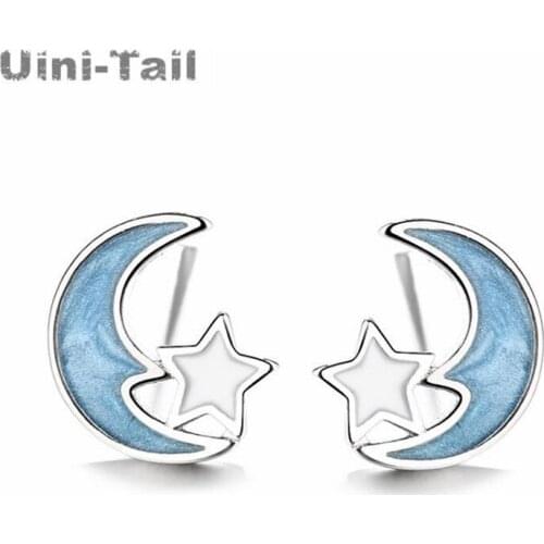 Uini-Tail hot new 925 sterling silver small fresh blue stars moon earrings fashion trend temperament simple star moon earrings